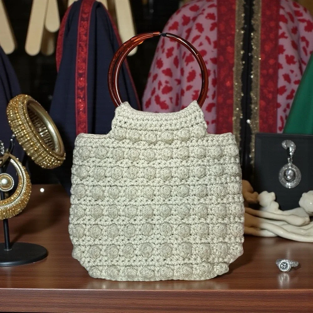 Vintage Macrame BoHo Crochet Handmade Beige Handbag Brown‎ Pastic Loop Handles